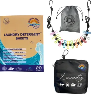 Travel Laundry Detergent Sheets, Foldable Laundry Bag and Retractable Clotheslines - Must have Essentials for Cruises Camping, Hotel and College Dorm Room Essentials