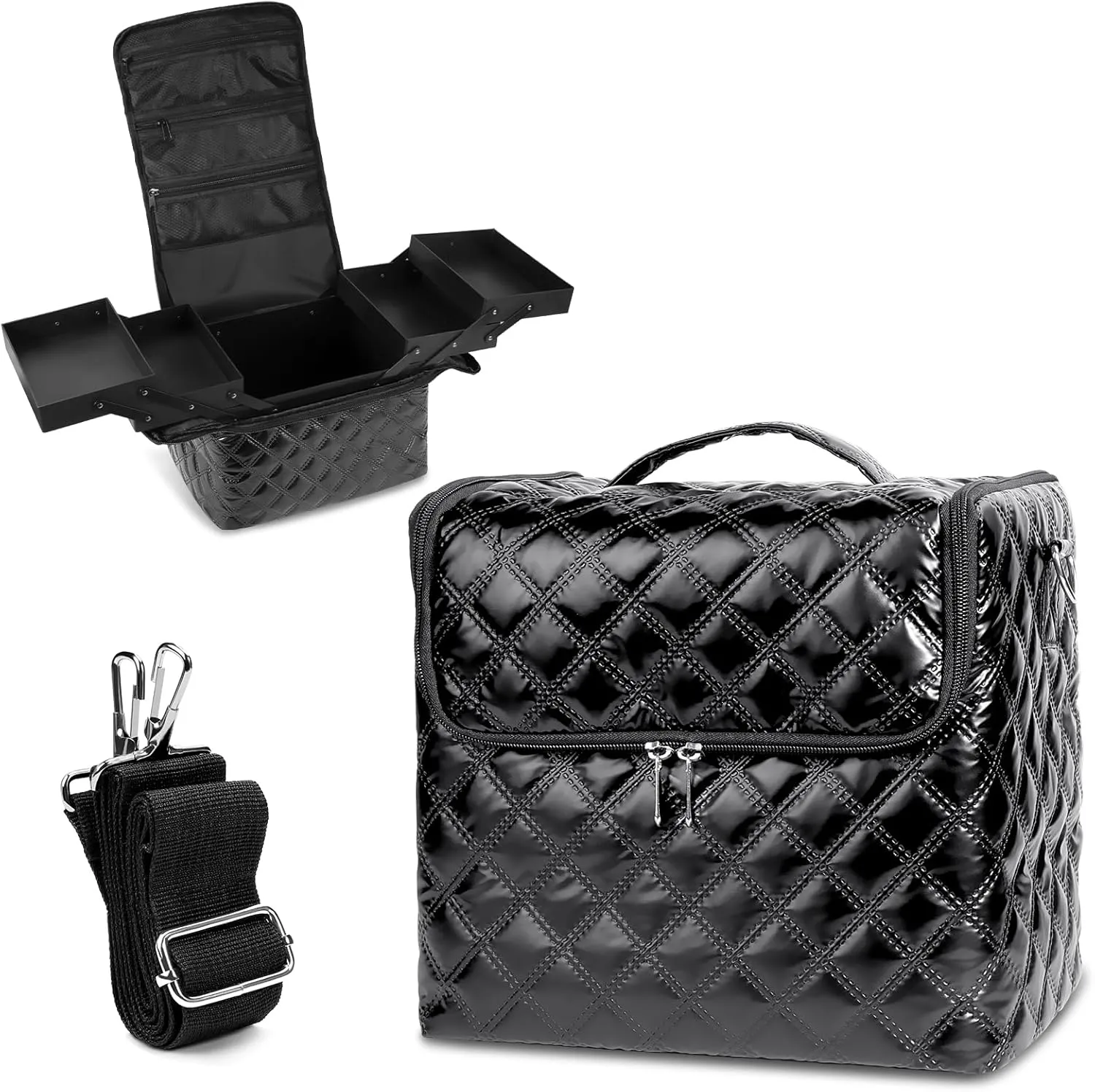 Travel Makeup Bag, 4 Trays Large Cosmetic Bag for Woman with Adjustable Dividers, Organizer Bag Waterproof, Travel Essentials Cosmetic Bag, Train Case for Nail Tech Black