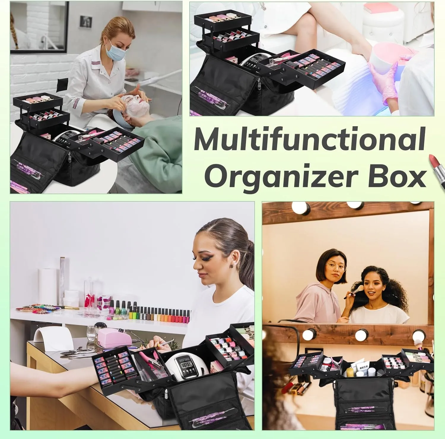 Travel Makeup Bag, 4 Trays Large Cosmetic Bag for Woman with Adjustable Dividers, Organizer Bag Waterproof, Travel Essentials Cosmetic Bag, Train Case for Nail Tech Black