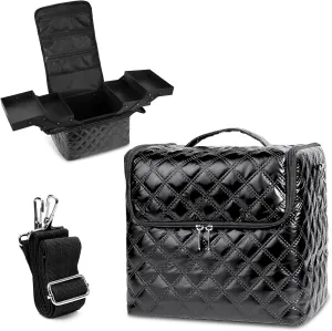 Travel Makeup Bag, 4 Trays Large Cosmetic Bag for Woman with Adjustable Dividers, Organizer Bag Waterproof, Travel Essentials Cosmetic Bag, Train Case for Nail Tech Black