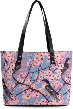 Tree Swallow Women Tote Bag PU Leather Handbags Top Handle Bag Fashion Shoulder Purses with Zippered