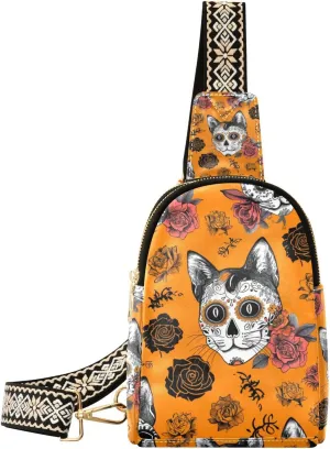trendy Gothic Skeleton Cat hiking fanny pack sturdy travel bag for men for hiking