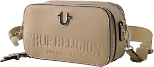 True Religion Camera Bag, Women's Mini Shoulder Handbag with Embossed Logo and Adjustable Shoulder Strap, Tan
