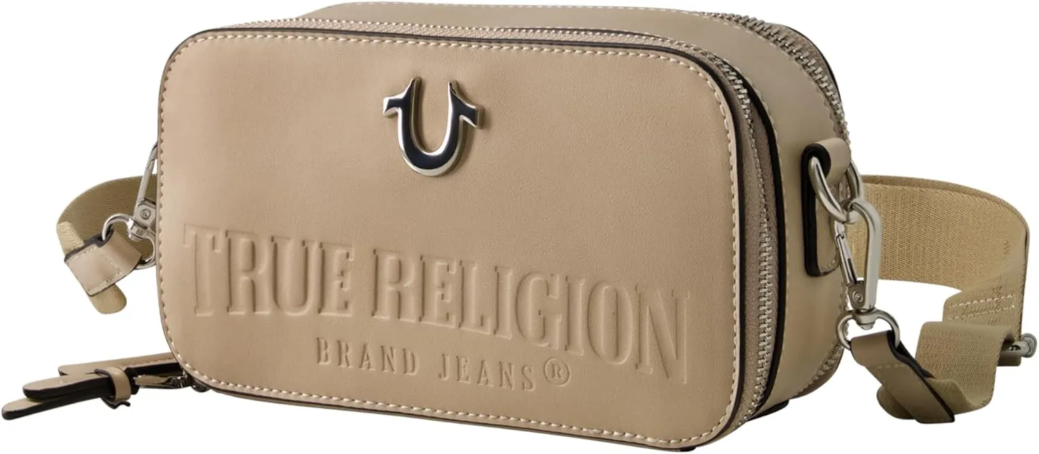 True Religion Camera Bag, Women's Mini Shoulder Handbag with Embossed Logo and Adjustable Shoulder Strap, Tan