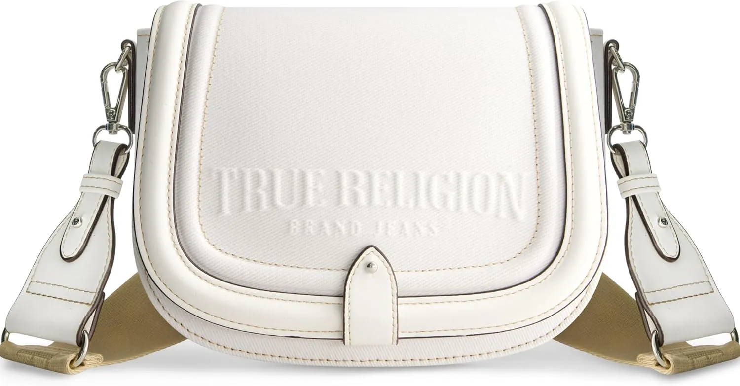 True Religion Saddle Bag, Women's Denim and Faux Leather Crossbody Purse with Adjustable Shoulder Strap