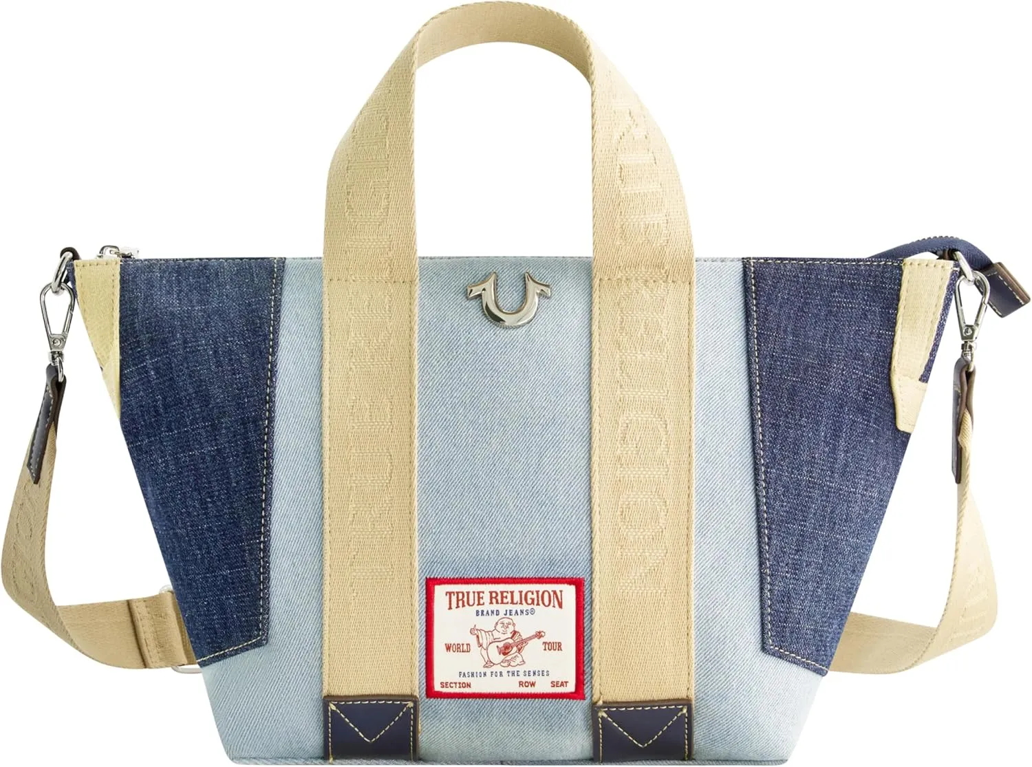 True Religion Tote Bag, Women's Casual Everyday Handbag Patchwork and Adjustable Shoulder Strap, Denim/Blue