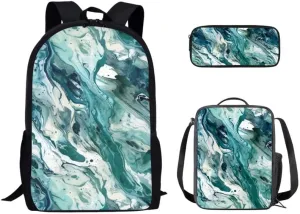 Turquoise Fluid Painting Students Schoolbag Sets Boho Paintings Middle School Bookbag Spacious Aesthetic Art Insulated Lunch Box Pencil Bag