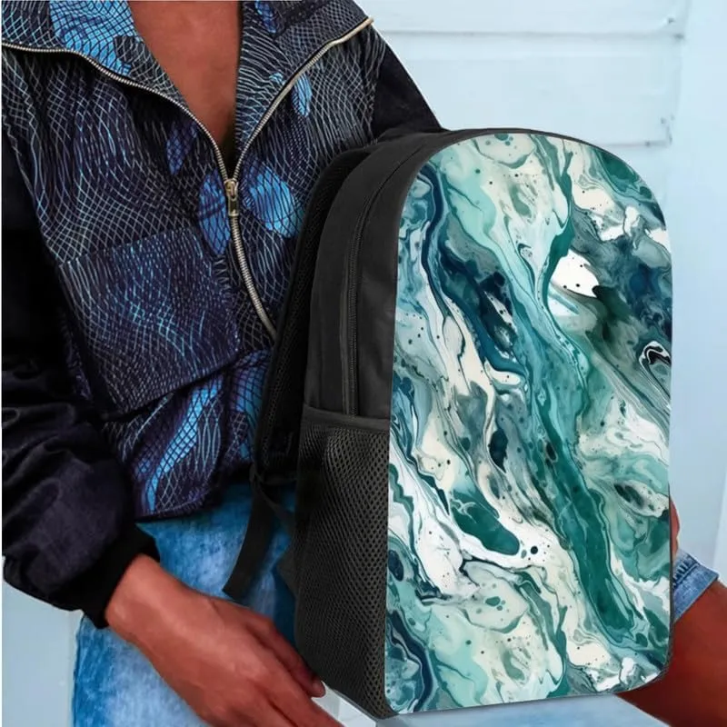 Turquoise Fluid Painting Students Schoolbag Sets Boho Paintings Middle School Bookbag Spacious Aesthetic Art Insulated Lunch Box Pencil Bag