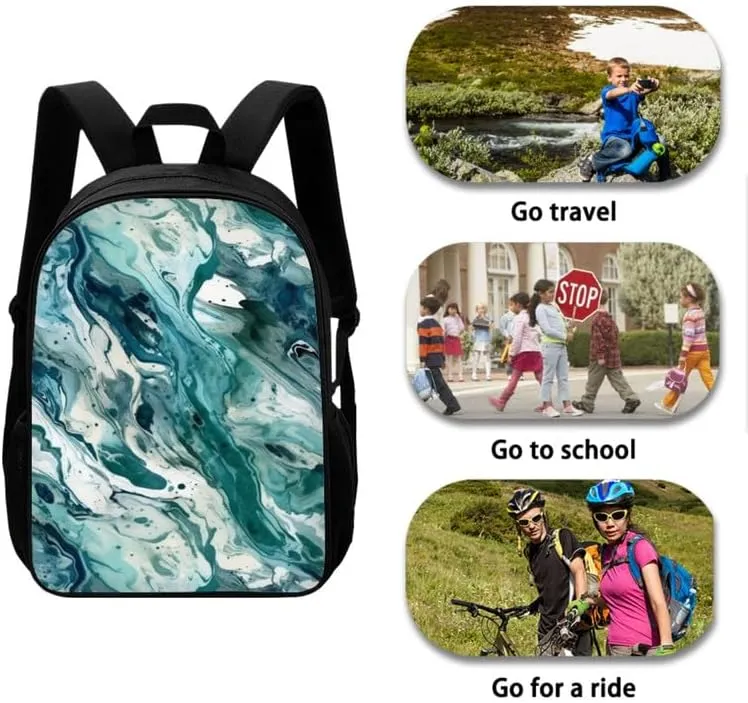 Turquoise Fluid Painting Students Schoolbag Sets Boho Paintings Middle School Bookbag Spacious Aesthetic Art Insulated Lunch Box Pencil Bag