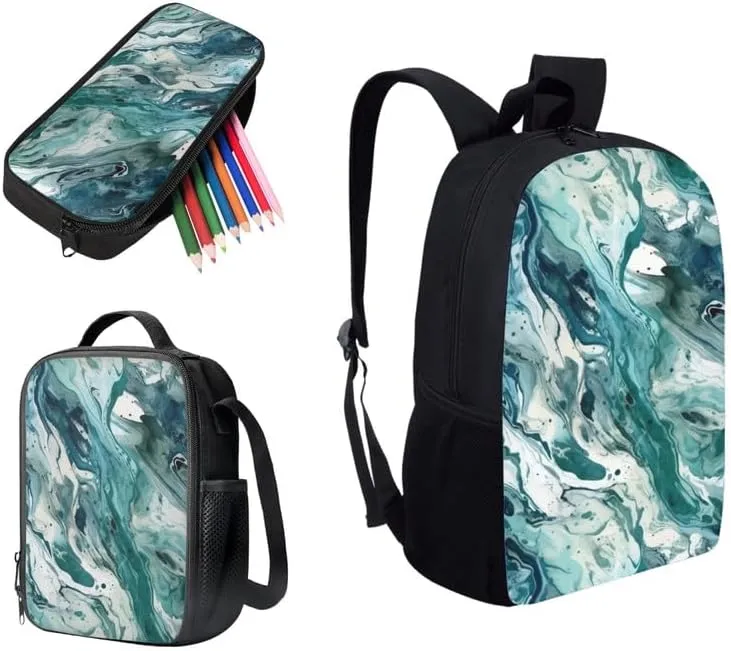 Turquoise Fluid Painting Students Schoolbag Sets Boho Paintings Middle School Bookbag Spacious Aesthetic Art Insulated Lunch Box Pencil Bag