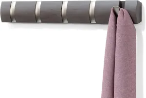 Umbra Flip Wall-Mounted Coat Rack Rail Hook for Hats, Jackets, Bags and More – Modern, Space-Saving Storage Organizer for Entryway, Mudroom, Closet, Bathroom, Bedroom, 5 Hooks, Driftwood/Nickel