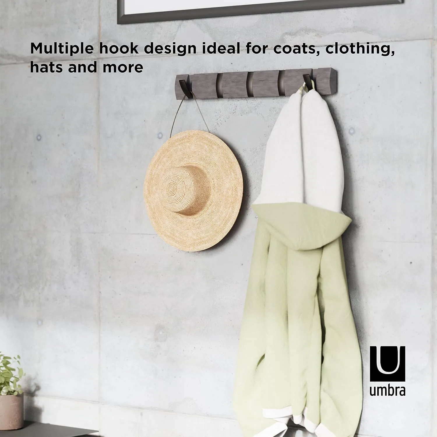 Umbra Flip Wall-Mounted Coat Rack Rail Hook for Hats, Jackets, Bags and More – Modern, Space-Saving Storage Organizer for Entryway, Mudroom, Closet, Bathroom, Bedroom, 5 Hooks, Driftwood/Nickel