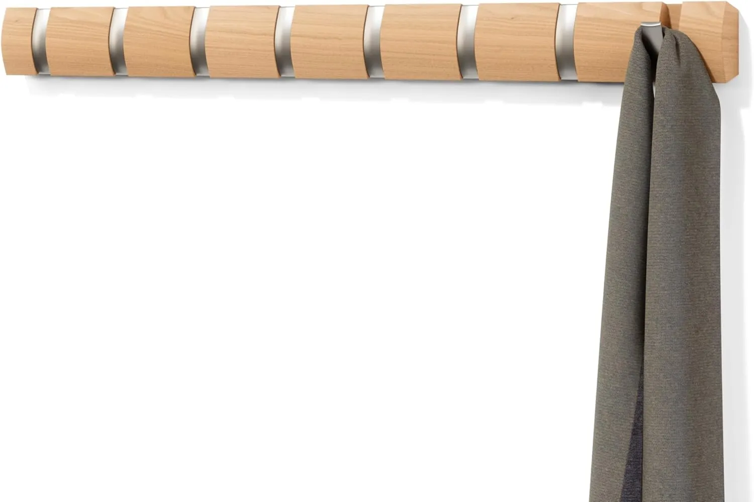 Umbra Flip Wall-Mounted Coat Rack Rail Hook for Hats, Jackets, Bags and More – Modern, Space-Saving Storage Organizer for Entryway, Mudroom, Closet, Bathroom, Bedroom, Kids Room, or Nursery, 8 Hooks, Natural/Nickel