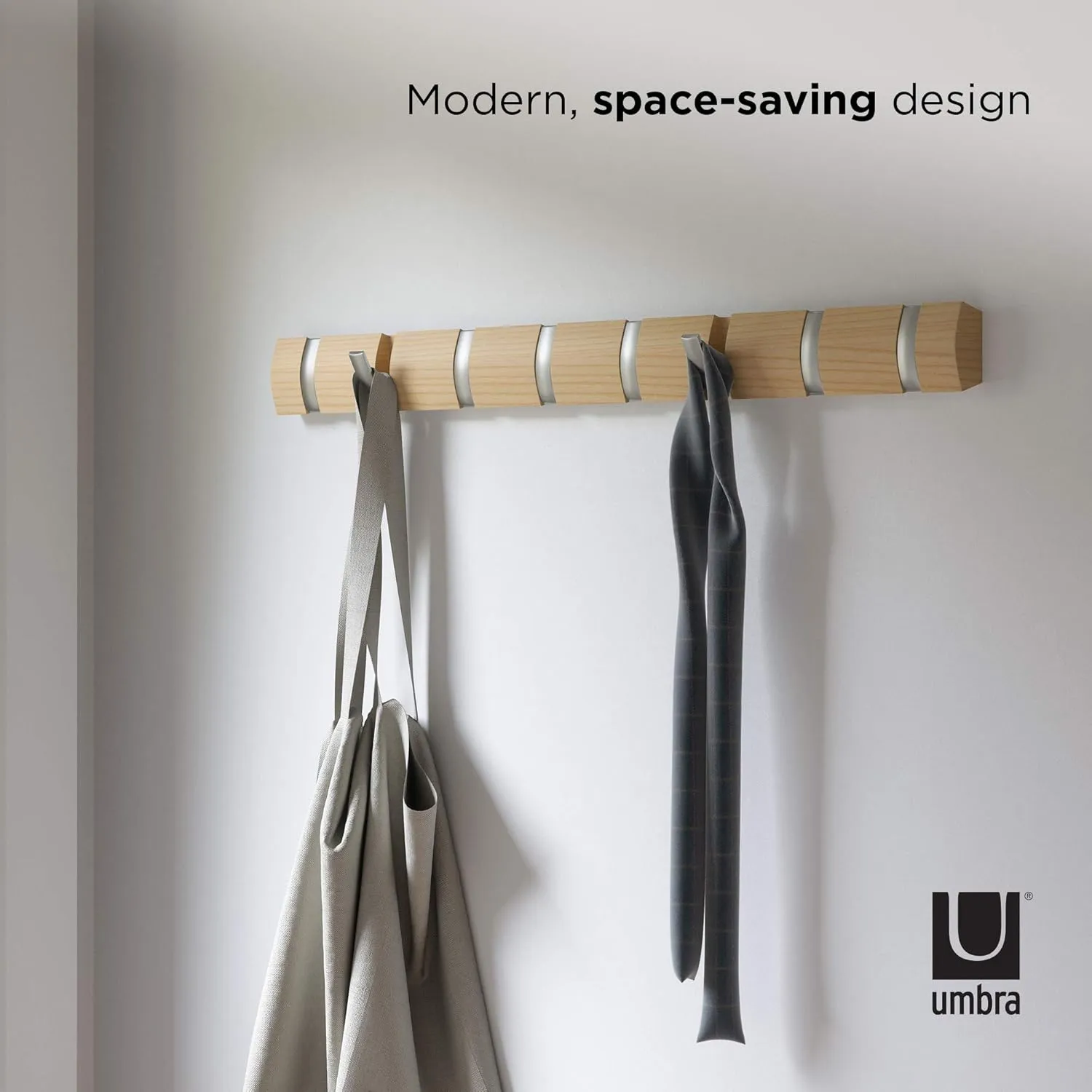 Umbra Flip Wall-Mounted Coat Rack Rail Hook for Hats, Jackets, Bags and More – Modern, Space-Saving Storage Organizer for Entryway, Mudroom, Closet, Bathroom, Bedroom, Kids Room, or Nursery, 8 Hooks, Natural/Nickel