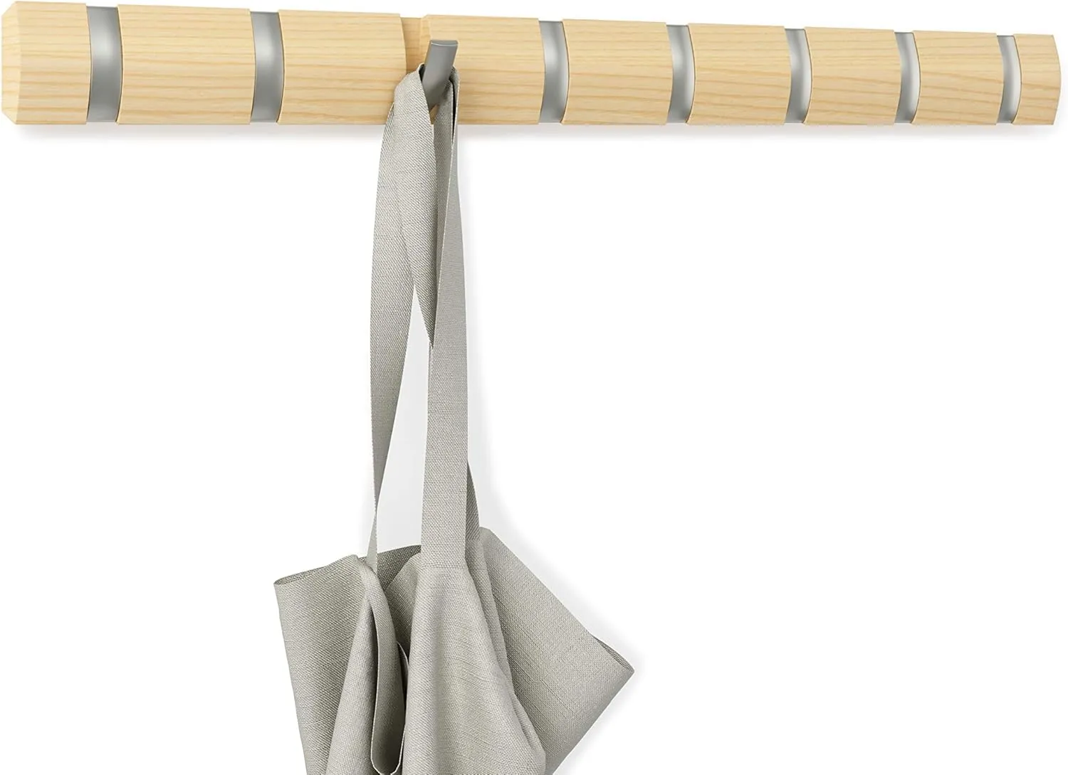 Umbra Flip Wall-Mounted Coat Rack Rail Hook for Hats, Jackets, Bags and More – Modern, Space-Saving Storage Organizer for Entryway, Mudroom, Closet, Bathroom, Bedroom, Kids Room, or Nursery, 8 Hooks, Natural/Nickel