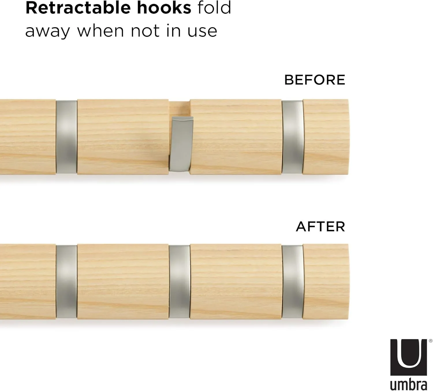Umbra Flip Wall-Mounted Coat Rack Rail Hook for Hats, Jackets, Bags and More – Modern, Space-Saving Storage Organizer for Entryway, Mudroom, Closet, Bathroom, Bedroom, Kids Room, or Nursery, 8 Hooks, Natural/Nickel
