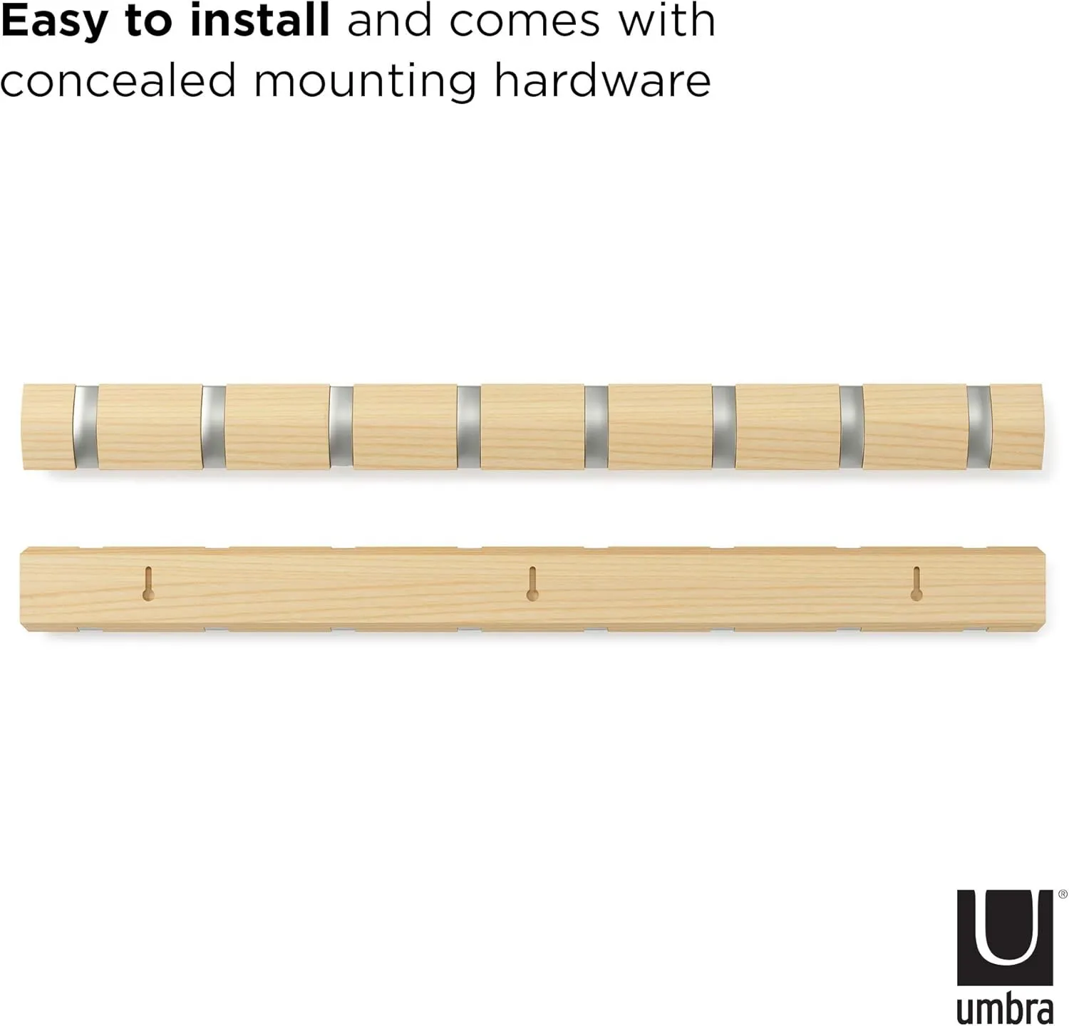 Umbra Flip Wall-Mounted Coat Rack Rail Hook for Hats, Jackets, Bags and More – Modern, Space-Saving Storage Organizer for Entryway, Mudroom, Closet, Bathroom, Bedroom, Kids Room, or Nursery, 8 Hooks, Natural/Nickel