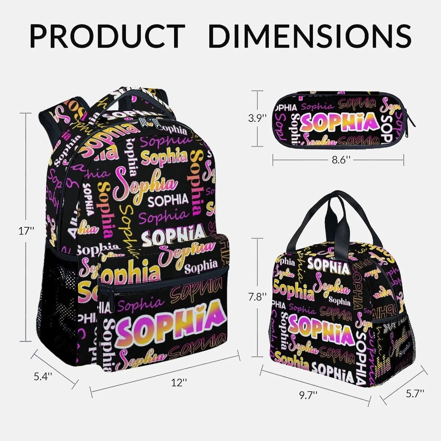 UNIKITTY School Backpack with Lunch Box - Personalized Girls Backpack with Name - Custom Bookbag for Boys Students - 17 Inch Kids Schoolbag for Preschool