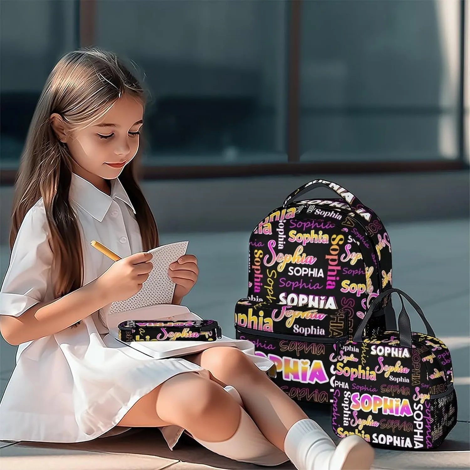 UNIKITTY School Backpack with Lunch Box - Personalized Girls Backpack with Name - Custom Bookbag for Boys Students - 17 Inch Kids Schoolbag for Preschool
