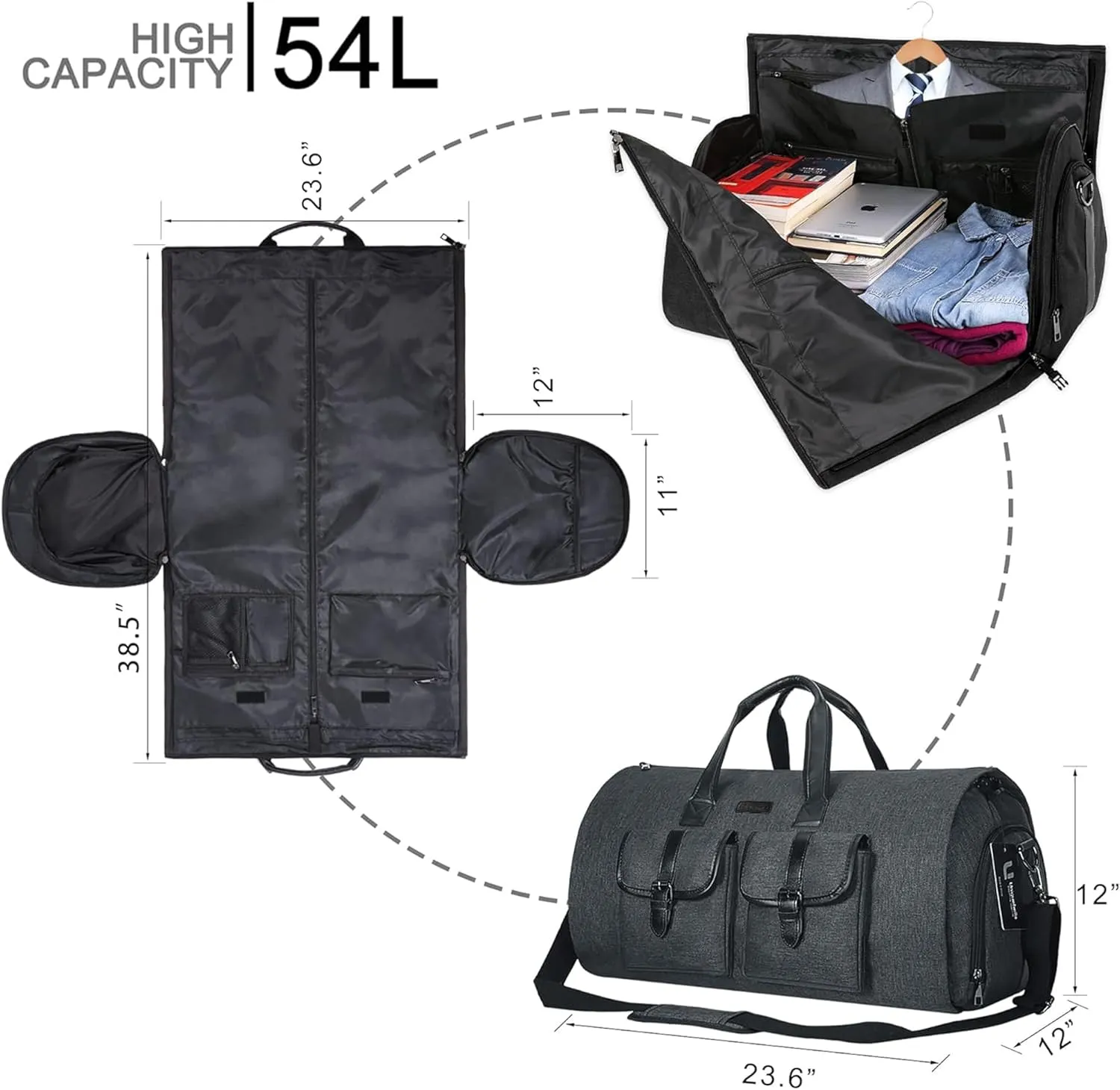 UNIQUEBELLA Carry on Garment Bag for Travel Convertible Garment Duffel Suit Bag with Shoe Compartment Weekend Flight Bag for Men Women