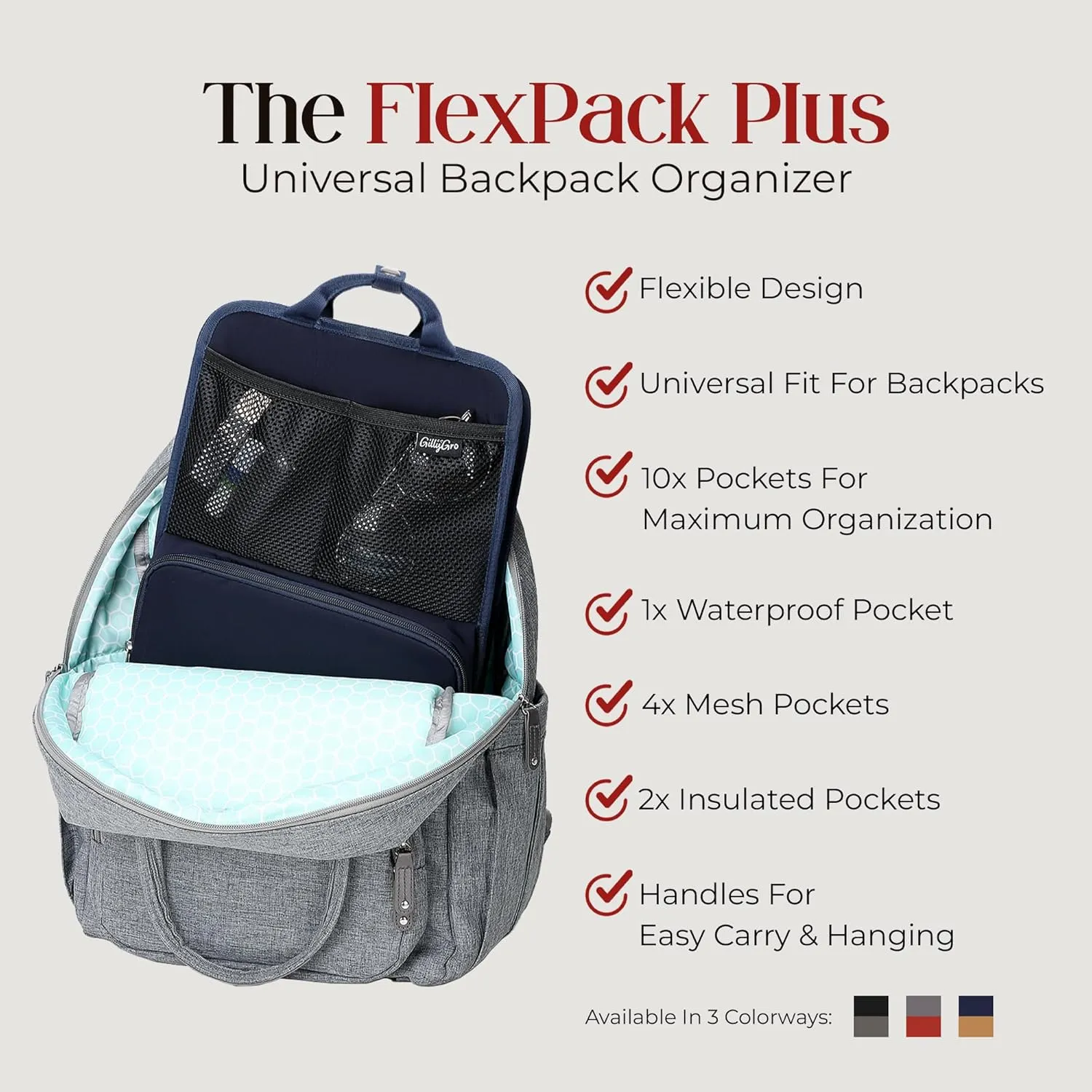 Unisex Foldable Vertical Backpack Organizer Insert for Tote Bag, Carry On, Picnic, Camping - With Pockets & Handle