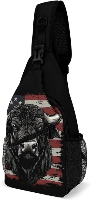 U.S.A Flag Buffalo Bison Bull Cow Casual Sling Bag Backpack Travel Shoulder Chest Crossbody Bags Adjustable Daypack Unisex