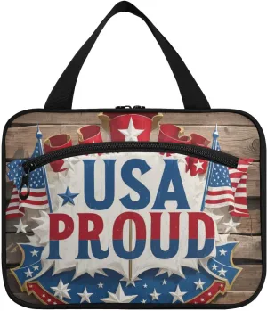 Usa Proud Flag Blue Retro 4th Of July Independence Day hanging travel toiletry bags for women with hook, designer washable brush bag for women vacation bolso viajero para mujer L