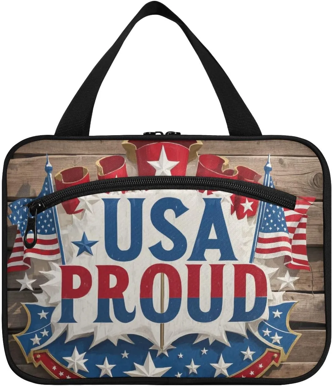Usa Proud Flag Blue Retro 4th Of July Independence Day hanging travel toiletry bags for women with hook, designer washable brush bag for women vacation bolso viajero para mujer L
