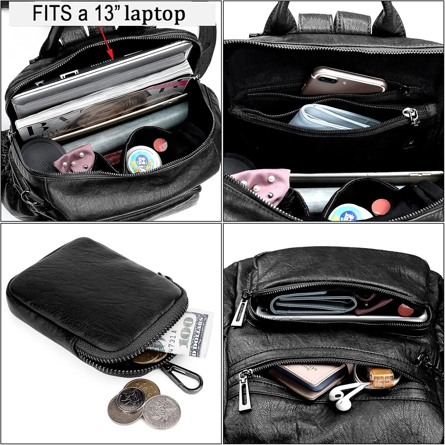 UTO Women Backpack Purse Leather Vegan Convertible Ladies Rucksack Zipper Pocket Shoulder Bag with Detachable Pouch