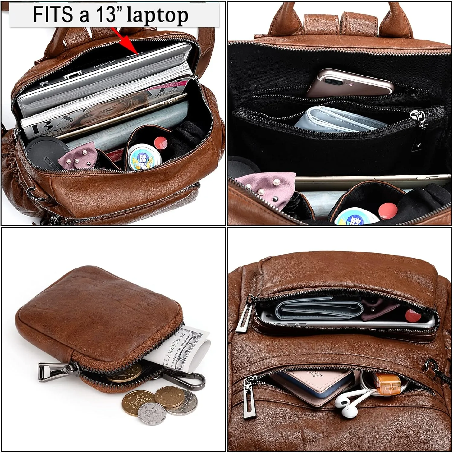 UTO Women Backpack Purse Leather Vegan Convertible Ladies Rucksack Zipper Pocket Shoulder Bag with Detachable Pouch