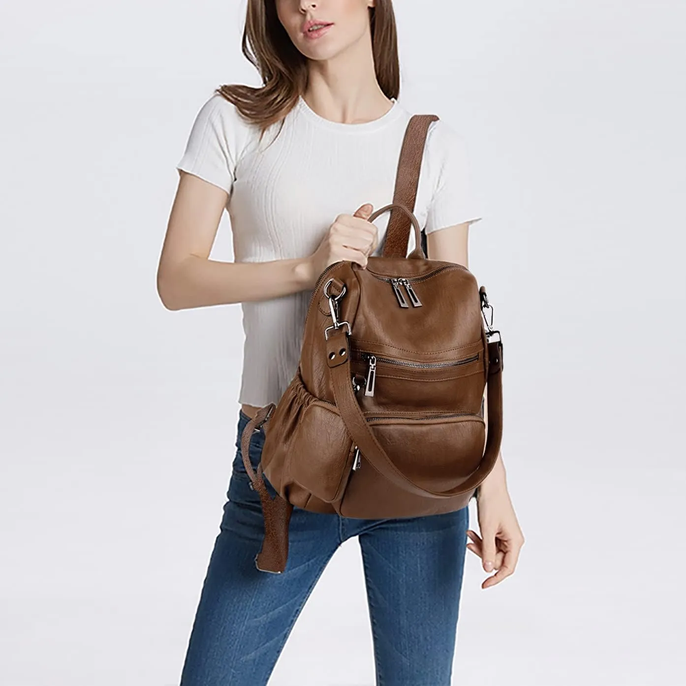 UTO Women Backpack Purse Leather Vegan Convertible Ladies Rucksack Zipper Pocket Shoulder Bag with Detachable Pouch