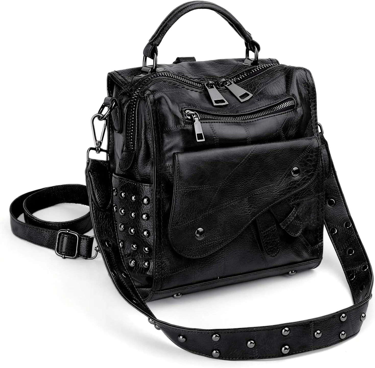UTO Women Studded Backpack Purse PU Leather Convertible Ladies Rucksack Zipper Pocket Crossbody Shoulder Bag Black