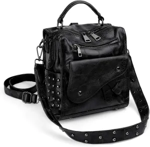 UTO Women Studded Backpack Purse PU Leather Convertible Ladies Rucksack Zipper Pocket Crossbody Shoulder Bag Black
