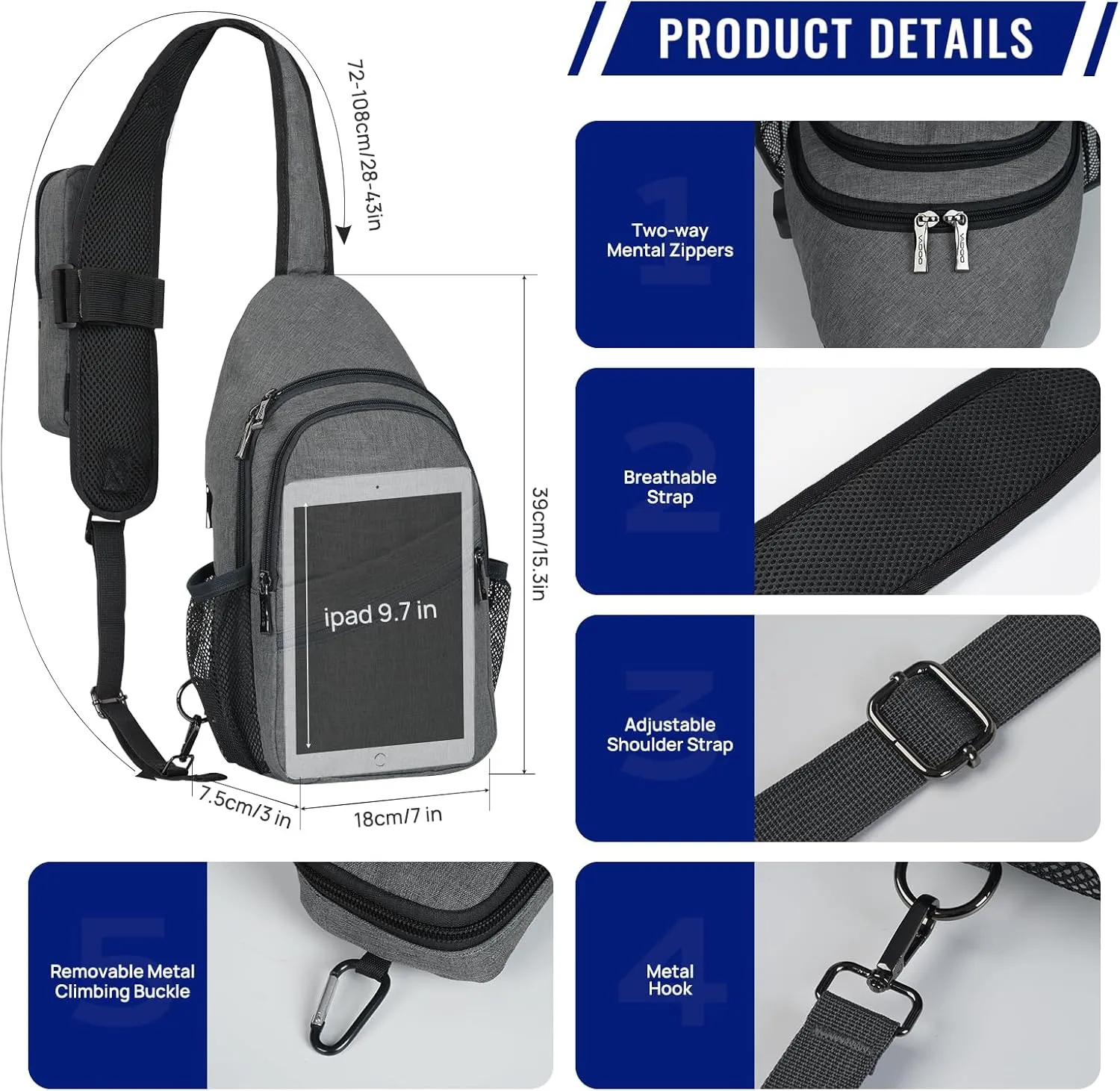 VADOO Sling Backpack with RFID Blocking and Phone Holder on Strap for Men Women Crossbody Chest Bag for Travel Hiking