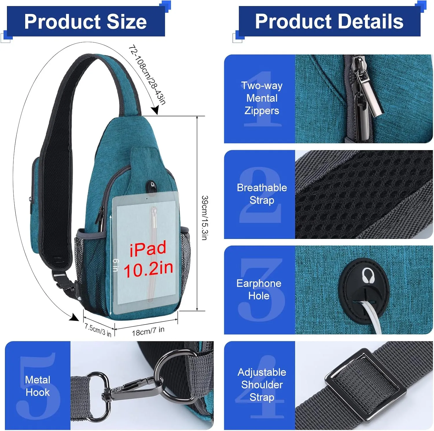VADOO Sling Backpack with RFID Blocking and Phone Holder on Strap for Men Women Crossbody Chest Bag for Travel Hiking