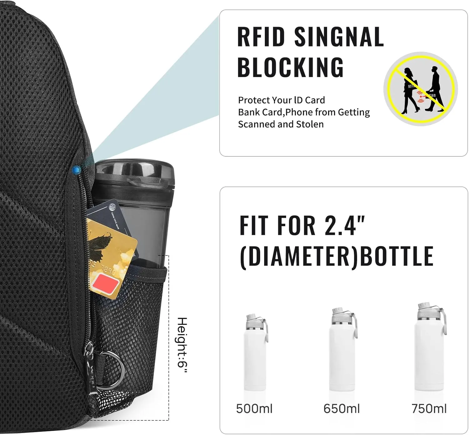 VADOO Sling Backpack with RFID Blocking and Phone Holder on Strap for Men Women Crossbody Chest Bag for Travel Hiking