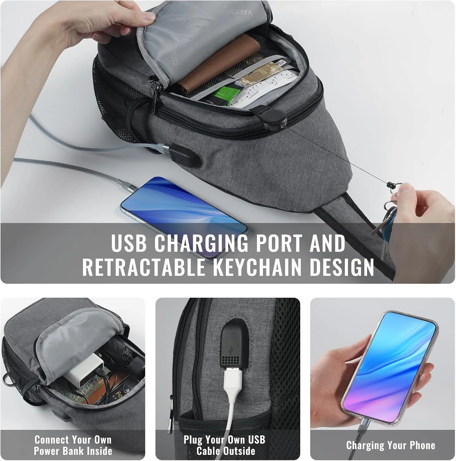 VADOO Sling Backpack with RFID Blocking and Phone Holder on Strap for Men Women Crossbody Chest Bag for Travel Hiking