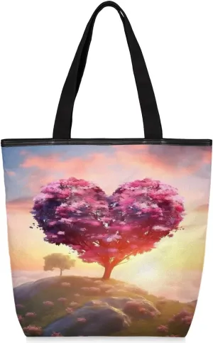 Valentine's Day Hillside Tree Canvas Tote Bag with Zipper Inside Pocket Foldaway Women's Shoulder Bag Reusable Grocery Shopping Gift Bags 11 * 4 * 13.6 inches for Daily Work Outdoor Travel Beach Gym