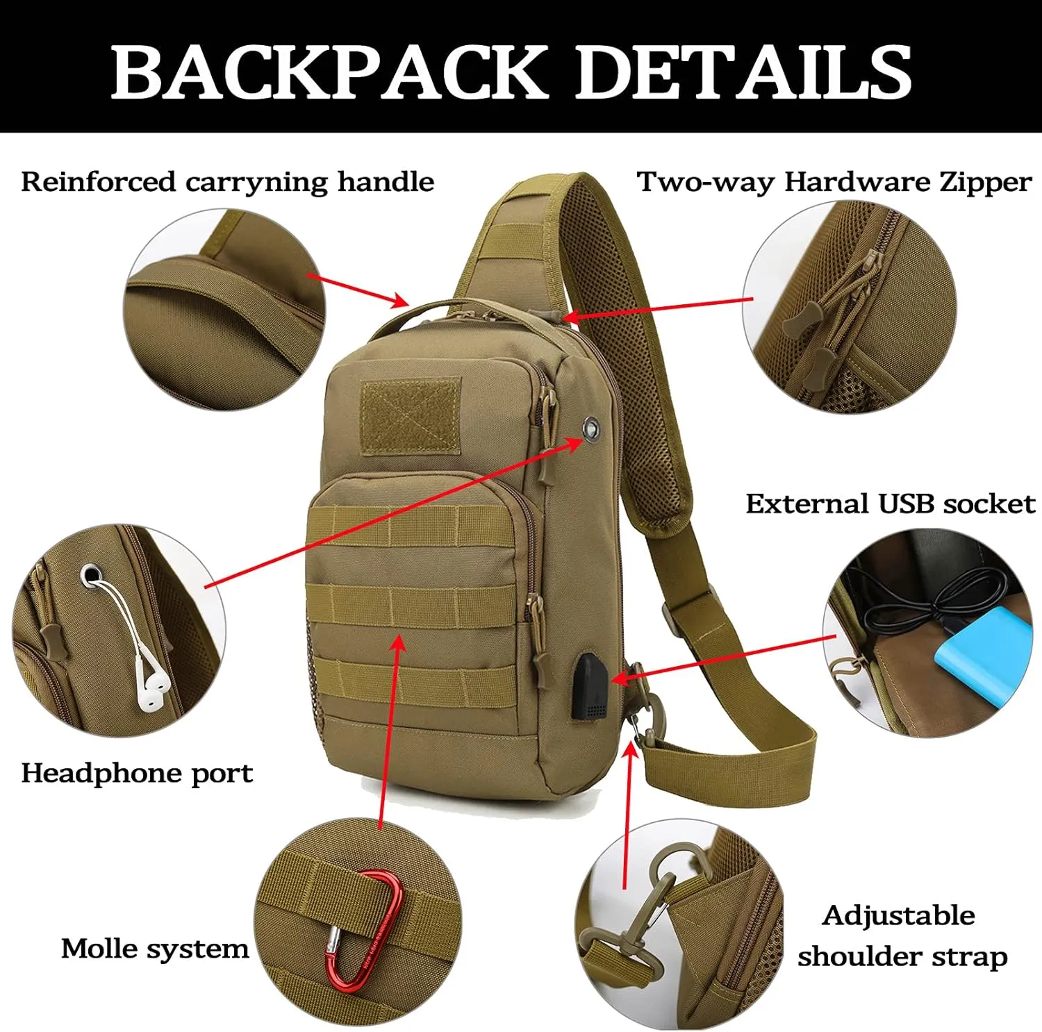 Valinov Tactical Shoulder Bag,Molle Shoulder Backpacks,Military Sling Daypack Backpack with USB Charging port