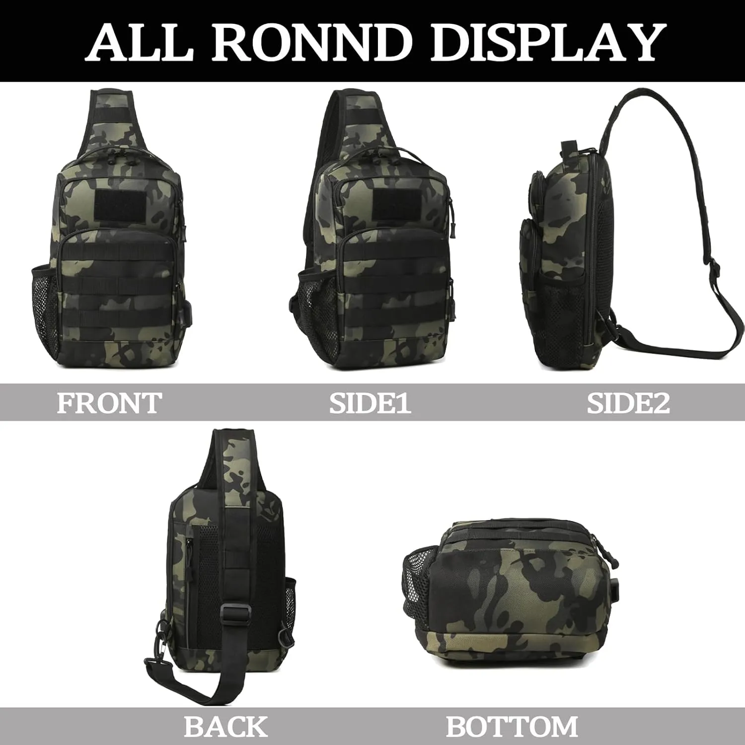 Valinov Tactical Shoulder Bag,Molle Shoulder Backpacks,Military Sling Daypack Backpack with USB Charging port