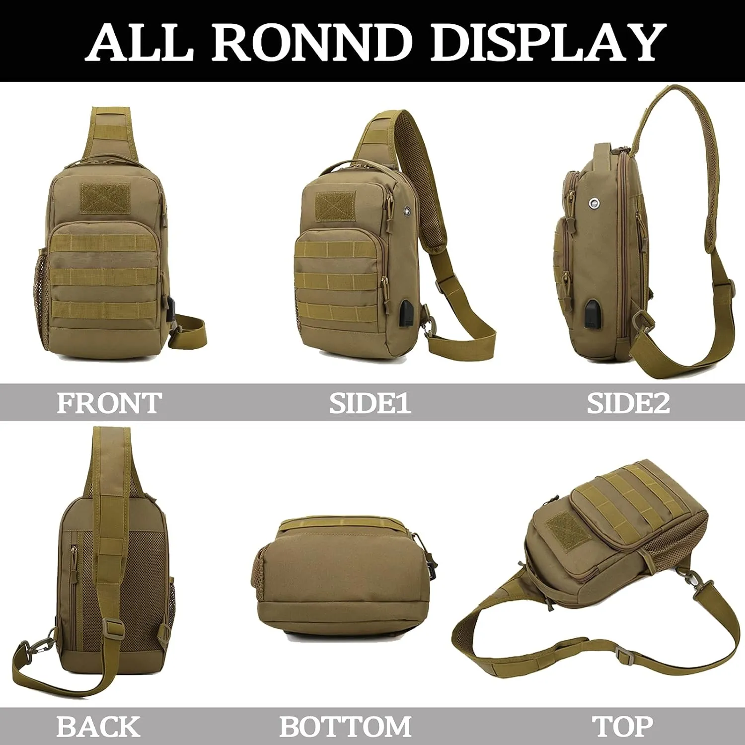 Valinov Tactical Shoulder Bag,Molle Shoulder Backpacks,Military Sling Daypack Backpack with USB Charging port