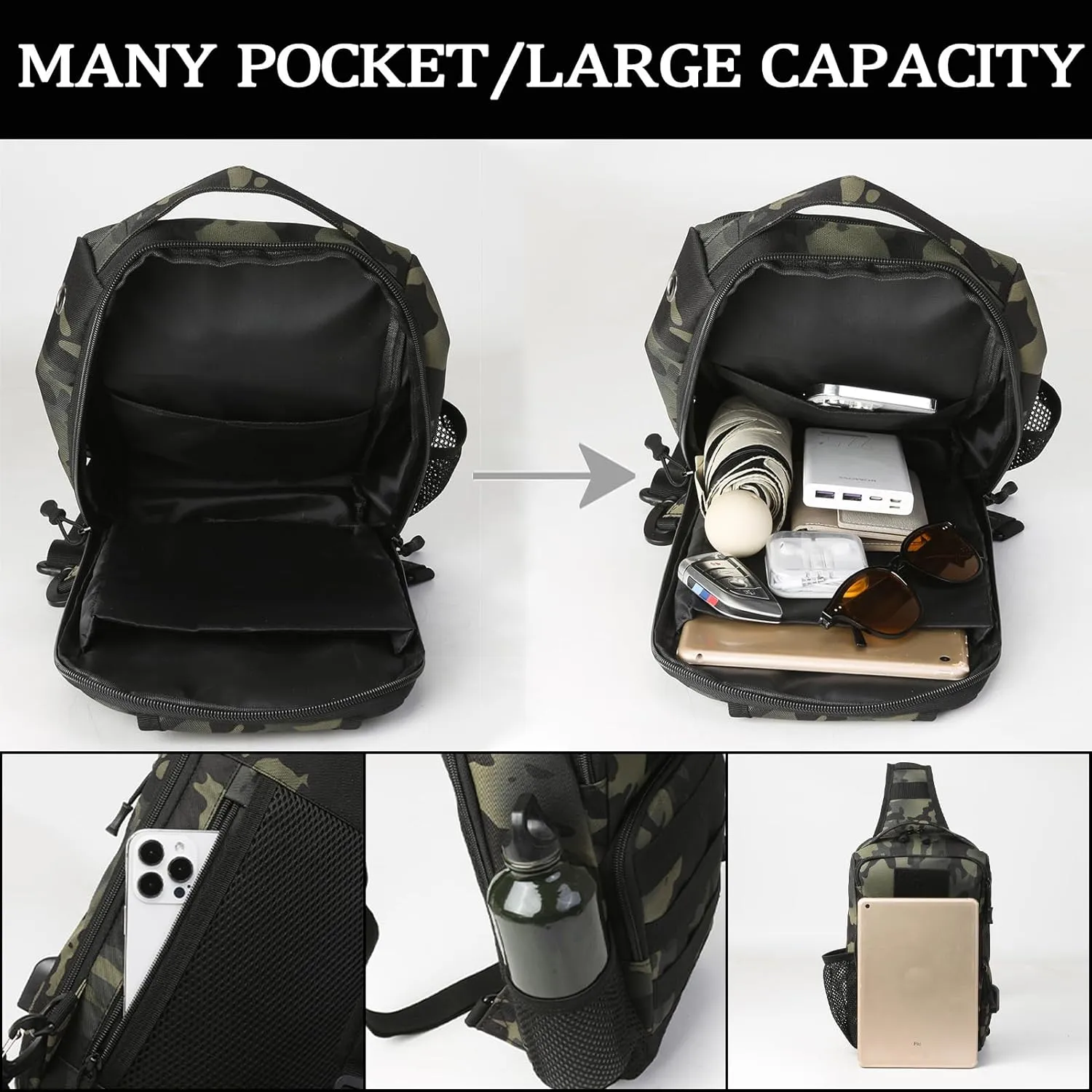 Valinov Tactical Shoulder Bag,Molle Shoulder Backpacks,Military Sling Daypack Backpack with USB Charging port