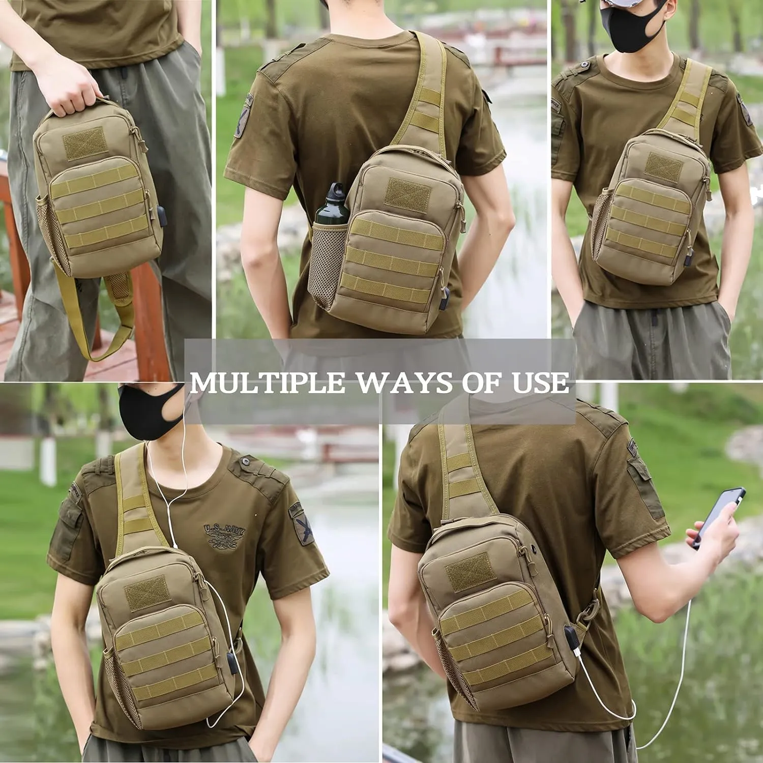 Valinov Tactical Shoulder Bag,Molle Shoulder Backpacks,Military Sling Daypack Backpack with USB Charging port