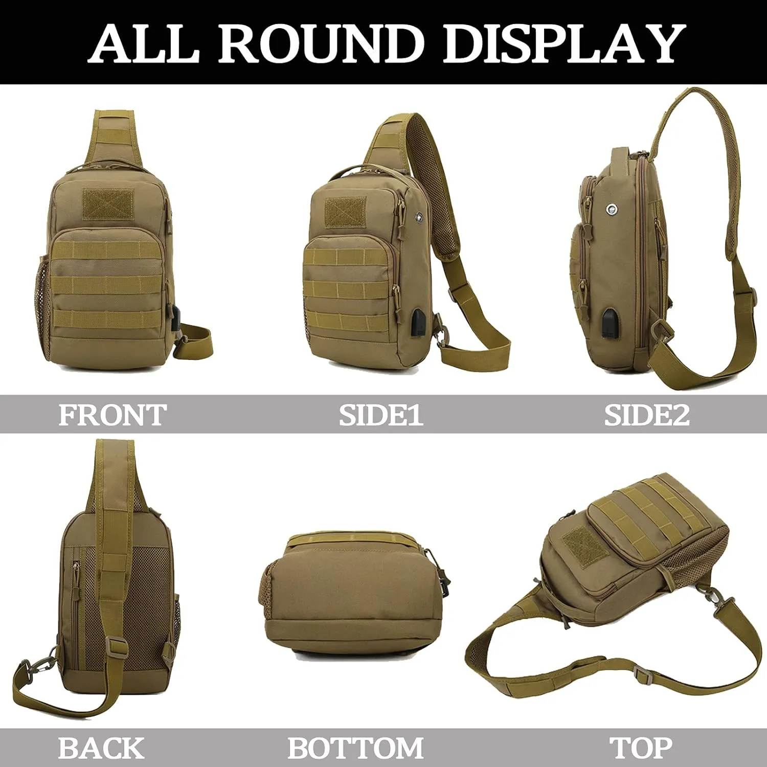 Valinov Tactical Shoulder Bag,Molle Shoulder Backpacks,Military Sling Daypack Backpack with USB Charging port