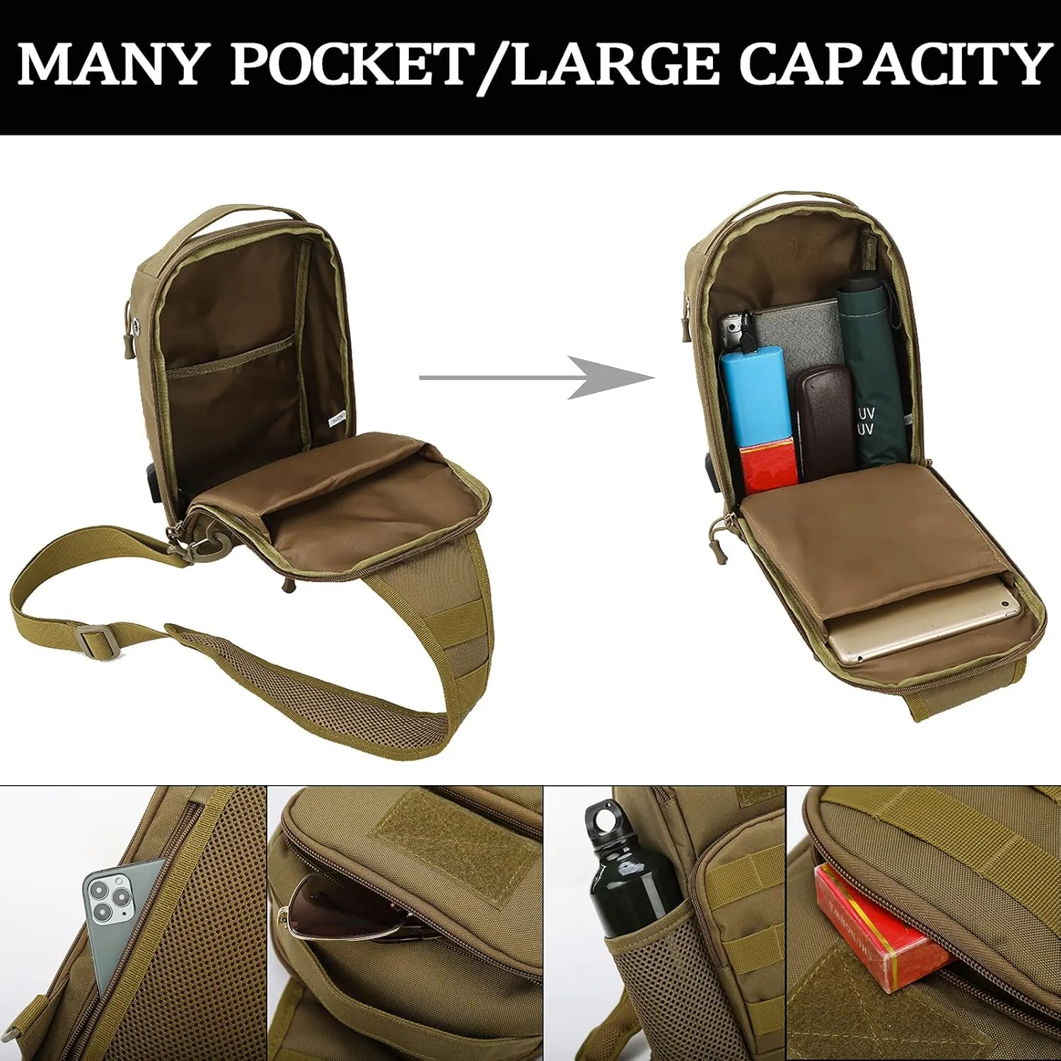 Valinov Tactical Shoulder Bag,Molle Shoulder Backpacks,Military Sling Daypack Backpack with USB Charging port
