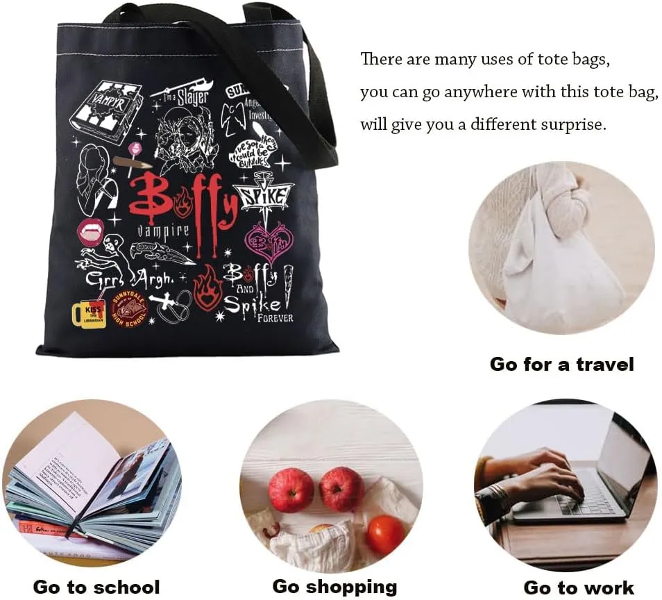 Vampire Merchandise Inspired Tote Bag Vampire Lovers Shoulder Bag 90s TV Show Gift Vampire Character Gift (BufyVampireToteBlk)