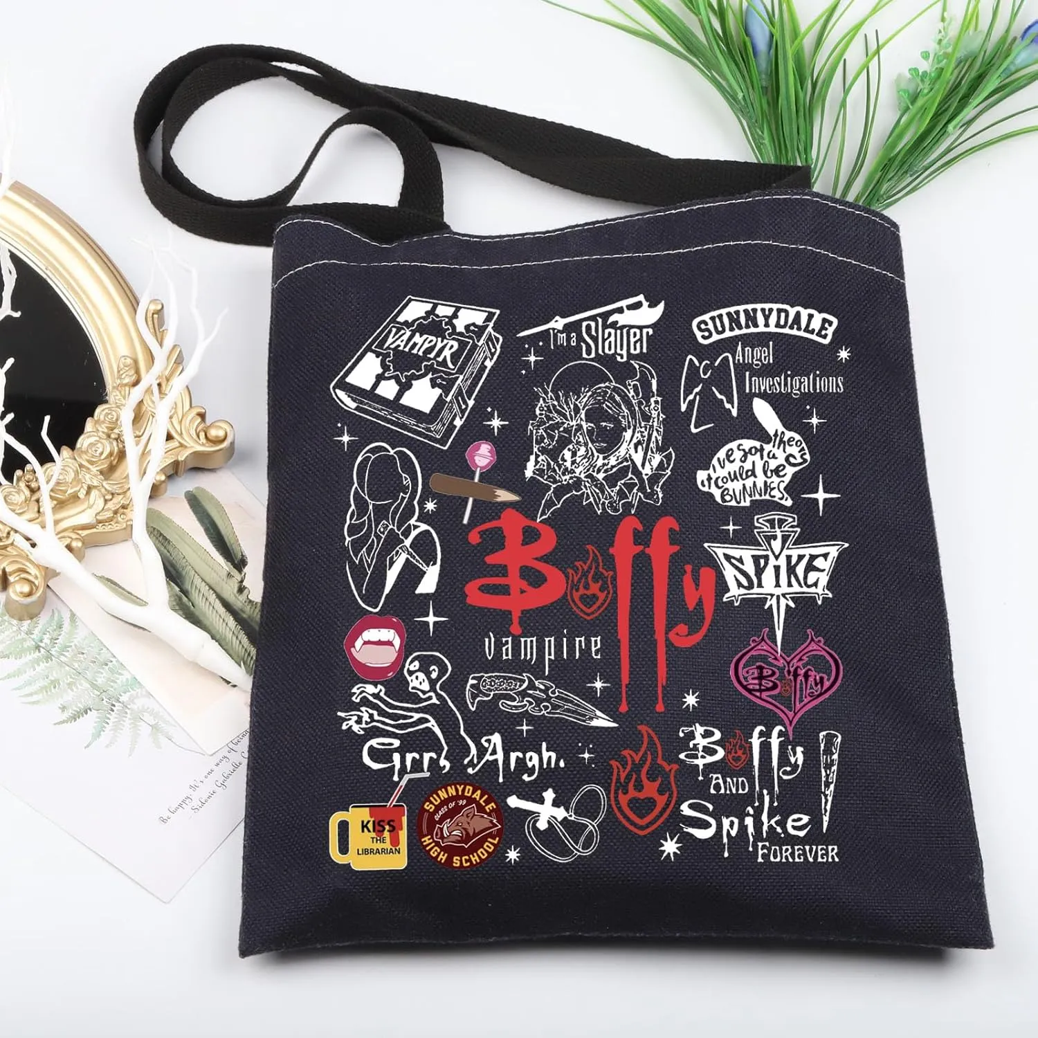 Vampire Merchandise Inspired Tote Bag Vampire Lovers Shoulder Bag 90s TV Show Gift Vampire Character Gift (BufyVampireToteBlk)