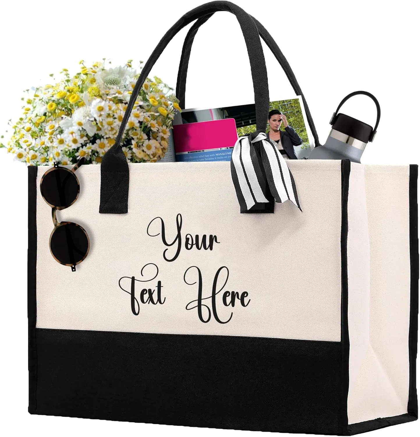 VANESSA ROSELLA Personalized Gift Monogram Initial 100% Cotton Two Tone Chic Tote Bag with Customize Option - Black
