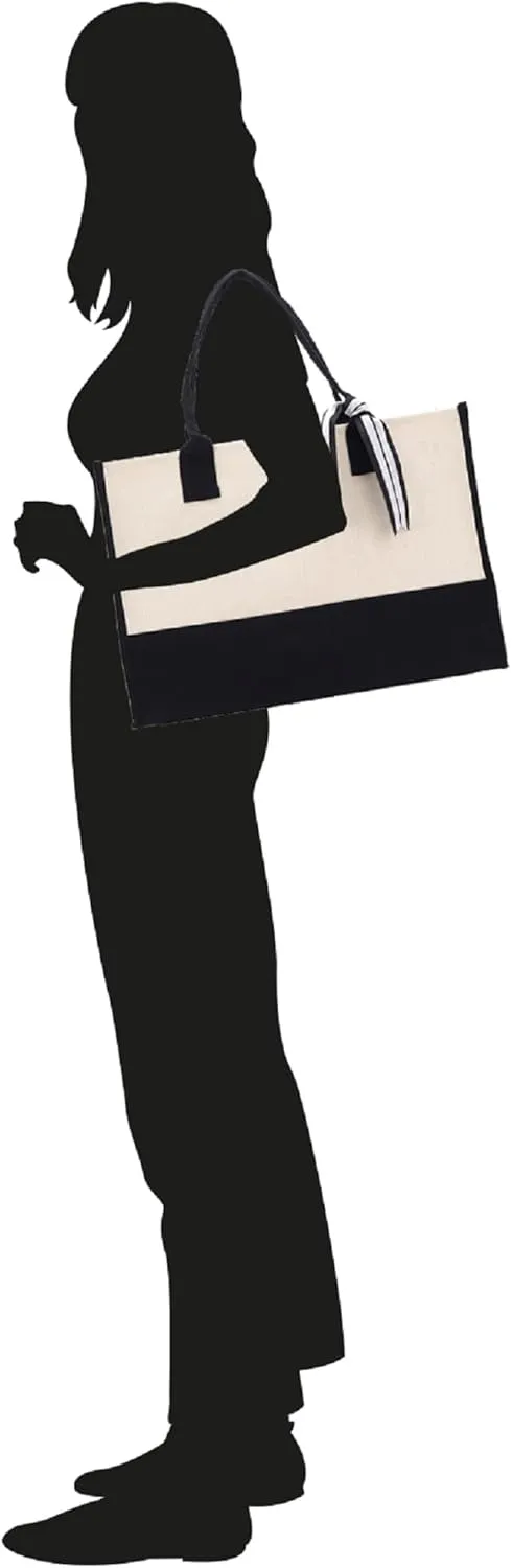 VANESSA ROSELLA Personalized Gift Monogram Initial 100% Cotton Two Tone Chic Tote Bag with Customize Option - Black