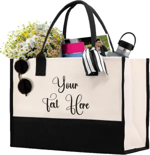 VANESSA ROSELLA Personalized Gift Monogram Initial 100% Cotton Two Tone Chic Tote Bag with Customize Option - Black